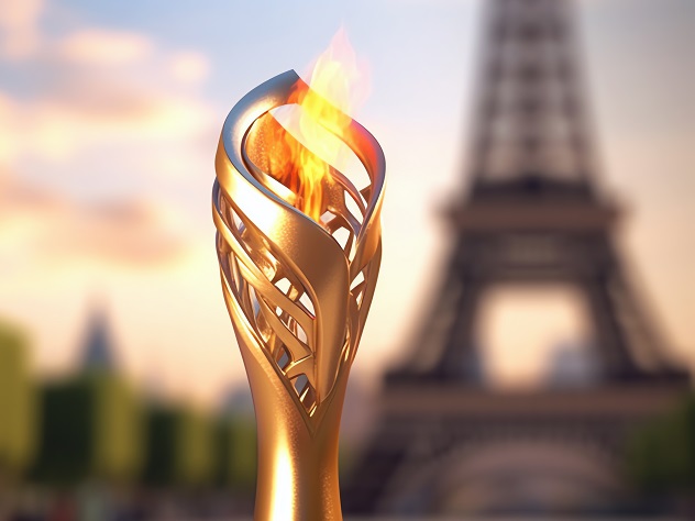 Olympic flame in front of the Eiffel Tower